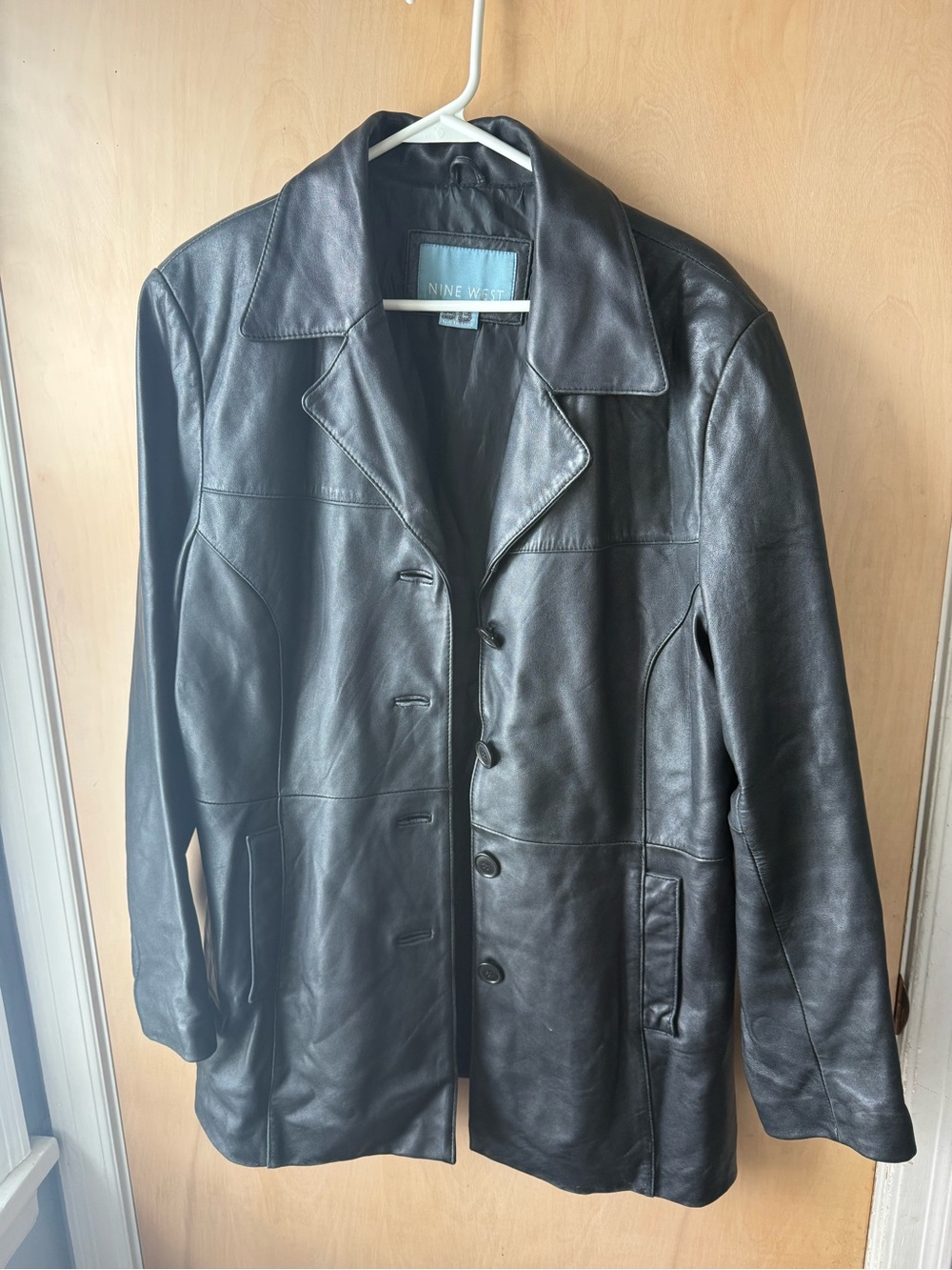 Nine West Black Leather Trench Coat with Button Front